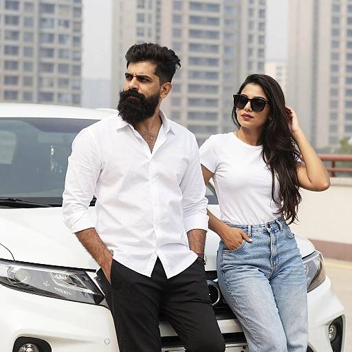 Stylish Couple by White Car Cityscape