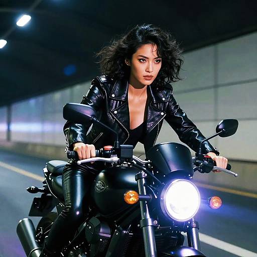 Fierce Woman on Neon-Lit Motorcycle