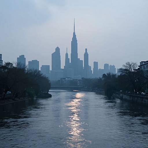 Photograph of a tranquil river reflecting sunlight, leading to a foggy, blue-hued skyline with Chicago's Willis Tower prominently silhouetted.