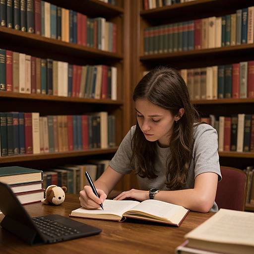 Photograph of a young woman with long dark hair, wearing a gray t-shirt, writing in a notebook at a wooden library table with bookshelves