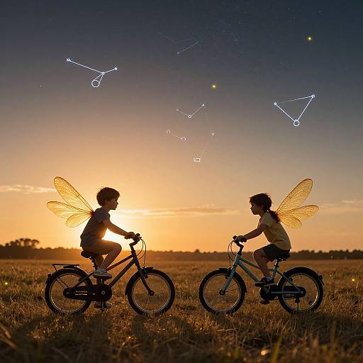 Children with Dragonfly Wings Riding Bikes at Sunset