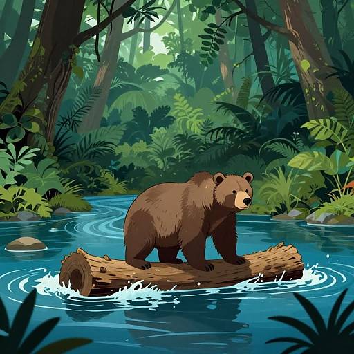Digital illustration of a brown bear standing on a log in a serene, lush forest creek, surrounded by vibrant green foliage and ripples in the blue water