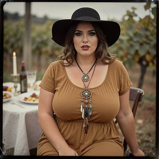 Photograph of a curvy woman with fair skin, large breasts, brown dress, black hat, long necklace, sitting at an outdoor vineyard table