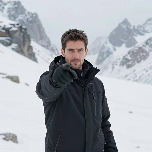 Man Pointing in Snowy Mountain Landscape