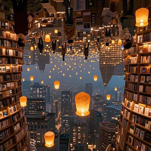 Photograph of a nighttime cityscape with glowing paper lanterns floating above tall, lit buildings, creating a magical, warm ambiance.
