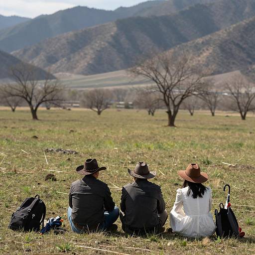 Cowboys and a Lady in a Grassy Field