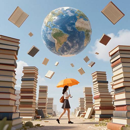 CGI image: Silhouetted woman in black dress and heels, holding orange umbrella, walking between floating stacks of books, with Earth above bright