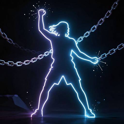 Neon-lit silhouette of a person breaking chains, illuminated in bright blue against a dark background, creating an electrifying, dynamic scene.