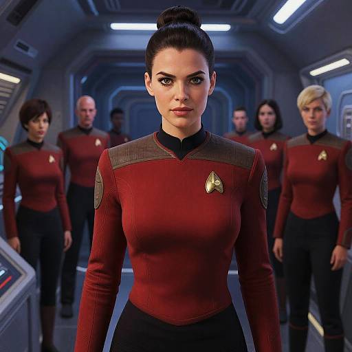 CGI image of Star Trek: Discovery crew in a futuristic corridor. Central female character with dark hair in a bun, red uniform with gold emblem,