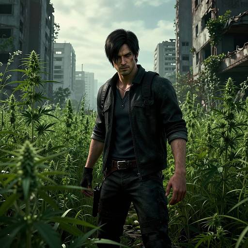 Photograph of a muscular, dark-haired man in black leather jacket and jeans, standing in overgrown, weed-filled urban alleyway with tall, dil