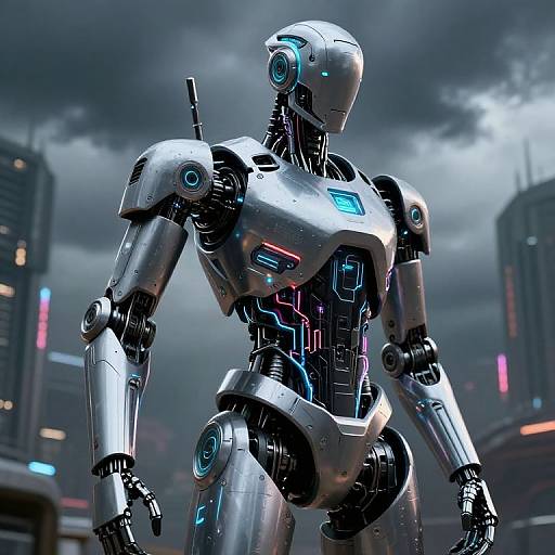 Photorealistic CGI of a futuristic, silver humanoid robot with glowing blue and pink lights, standing in a cyberpunk cityscape.