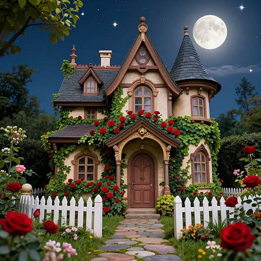 Photograph-style digital artwork of a whimsical, fairy-tale cottage with ivy, roses, a white picket fence, and a full moon
