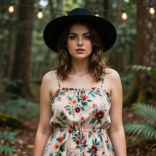 Photograph of a young woman with wavy brown hair, wearing a black hat and floral dress, standing in a forest with string lights.