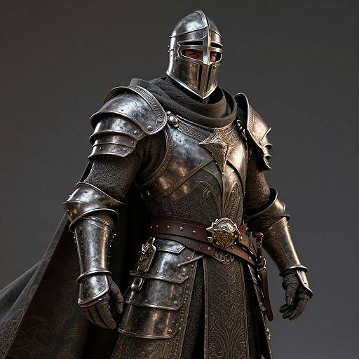 CGI image of a tall, imposing knight in polished steel armor with a black cape, standing against a dark gray gradient background.