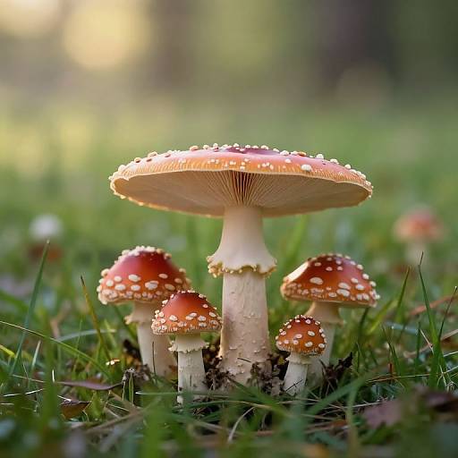 Photograph of vibrant red and white-spotted mushrooms with textured stems, standing in lush green grass, bathed in soft sunlight.