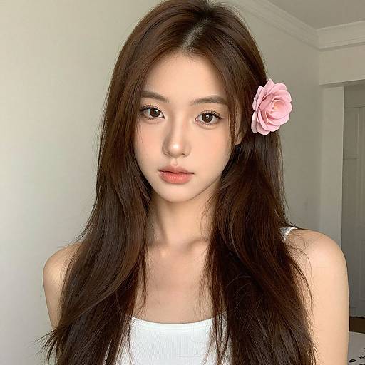 Photograph of an East Asian woman with long, dark brown hair, wearing a white tank top, and a pink rose hairpin, standing against a