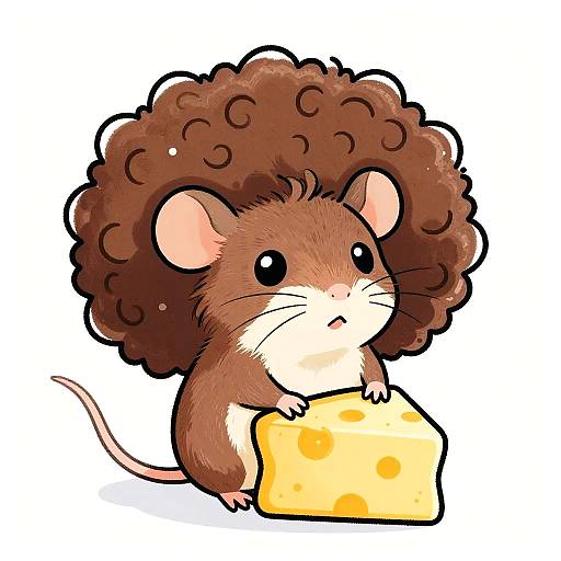 Curly-Haired Cartoon Rat on Cheese