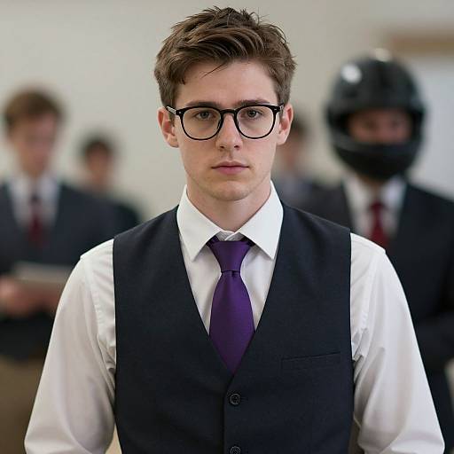Photograph of a young man with short brown hair, glasses, white shirt, black vest, purple tie, serious expression, blurred background with people and