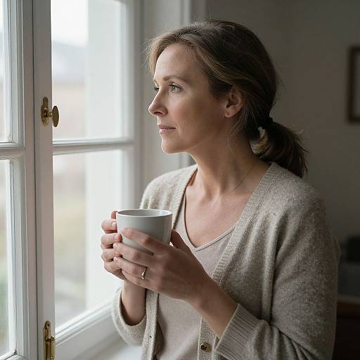 Photograph of a fair-skinned woman with brown hair in a ponytail, wearing a beige cardigan and white top, holding a white mug,