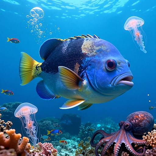 Vibrant underwater photograph of a blue and yellow fish with a black and yellow dorsal fin, surrounded by jellyfish, small colorful fish, and a