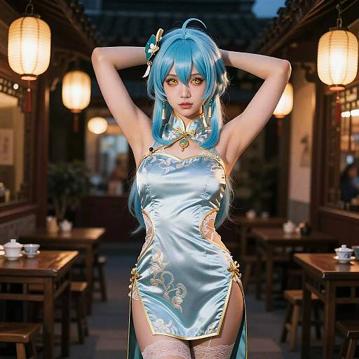 Cosplay in Blue Chinese Cheongsam Dress