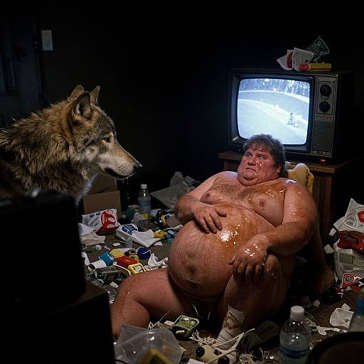 Photograph of a chubby, nude man with oily skin, surrounded by trash, sitting on the floor, facing a realistic wolf statue, in front of