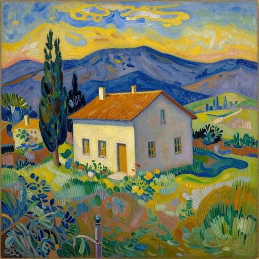 Vibrant oil painting of a quaint white house with red roof, surrounded by colorful fields, tall trees, and rolling hills under a yellow-orange sunset