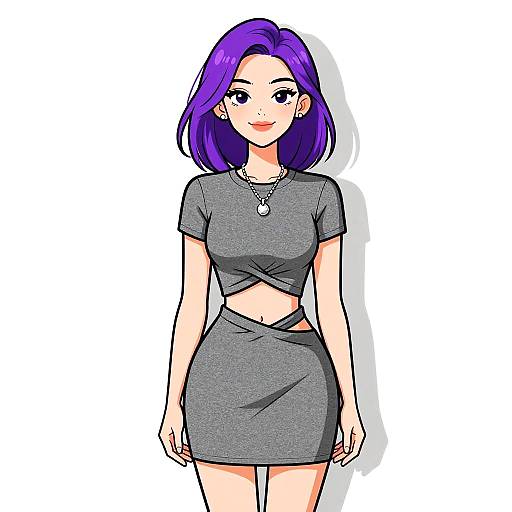 Digital anime-style drawing of a young woman with purple hair, wearing a grey crop top and skirt, necklace, and earrings, standing against a white background