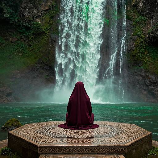 Sufi Woman Contemplating by Green Waterfall