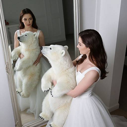 Photograph of a fair-skinned woman with long brown hair, wearing a white dress, holding a white polar bear, reflected in a large mirror in