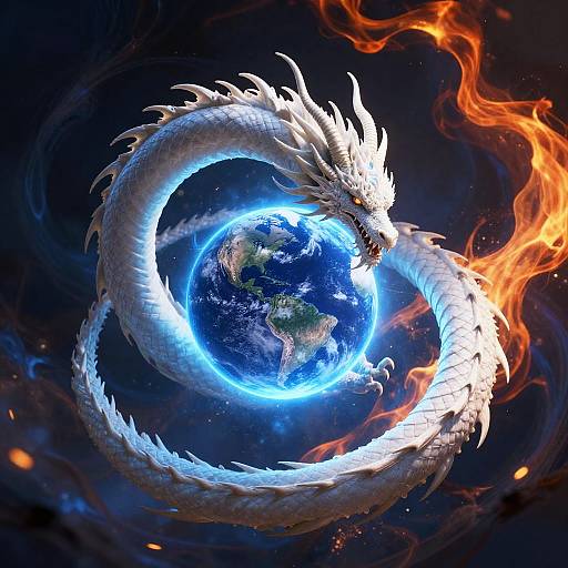 Digital artwork of a white, fiery dragon coiled around a glowing blue Earth, set against a dark, star-filled space background.