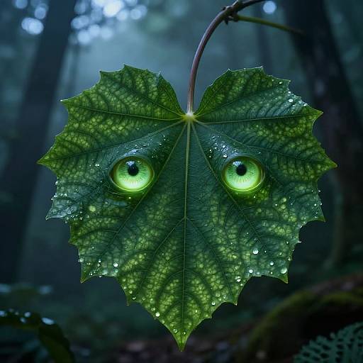 Photorealistic CGI of a glowing green leaf with two vibrant, luminescent eyes, covered in dewdrops, hanging in a foggy forest.