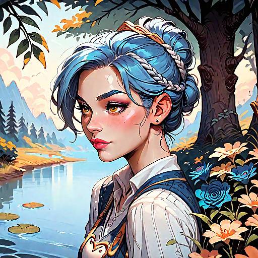 Digital artwork of a blue-haired woman with braided updo, wearing a white blouse and vest, standing by a serene lake surrounded by trees and flowers