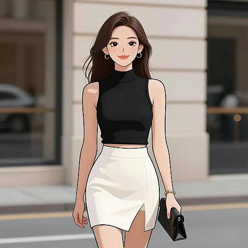 Stylish Woman in Black Crop Top and White Skirt