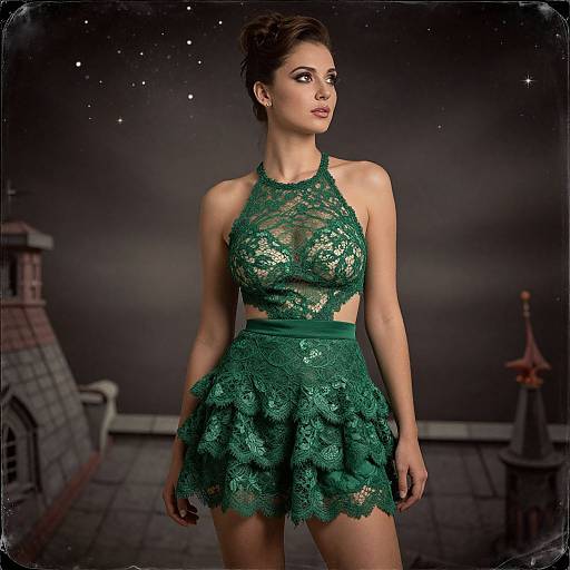 Elegant Woman in Forest Green Lace Dress