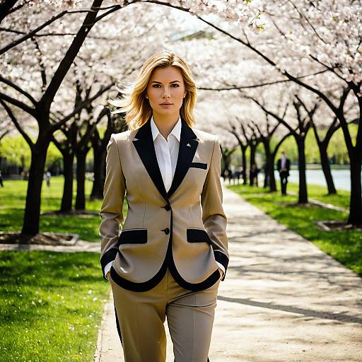 Blonde Woman in Formal Suit under Cherry Blossoms