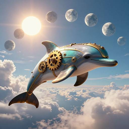 Digital artwork of a metallic dolphin with gears and gold accents flying above a sunlit, cloudy sky with floating planets.