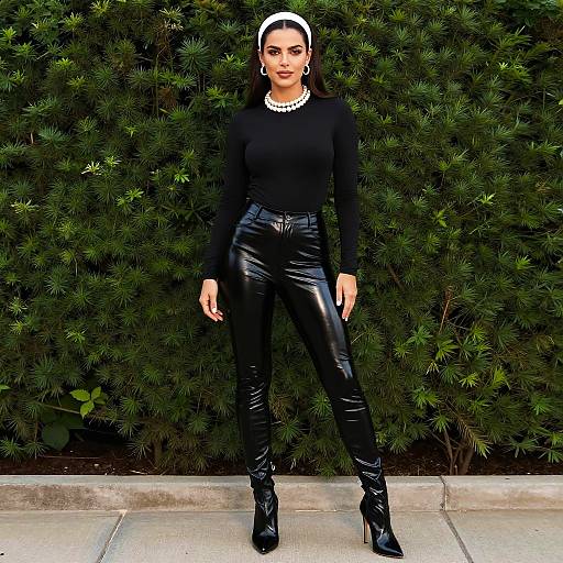 Photograph of a confident woman with dark skin, black leather pants, black long-sleeve top, pearl necklace, white headband, and black