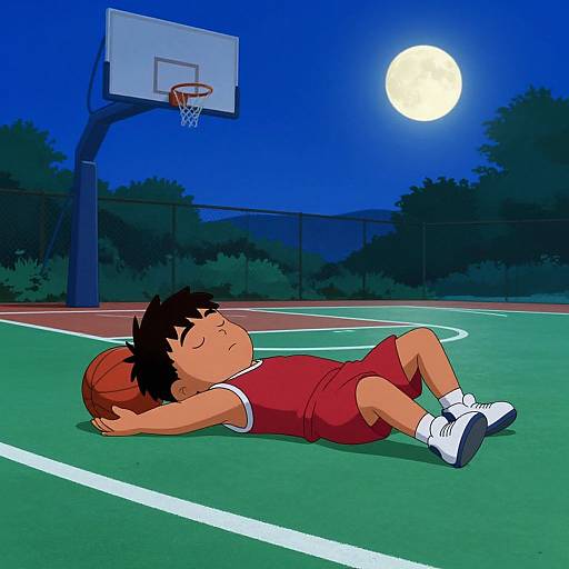 Cartoon boy in red basketball uniform, white sneakers, lying on outdoor court under full moon, basketball hoop in background.