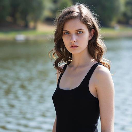 Photograph of a young Caucasian woman with wavy brown hair, wearing a black tank top, standing by a sunlit lake with blurred green trees in