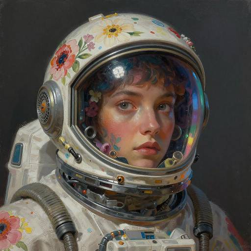 Digital painting of a young woman in a floral-patterned astronaut suit, with reflective helmet, against a dark background. Her expression is calm, with soft