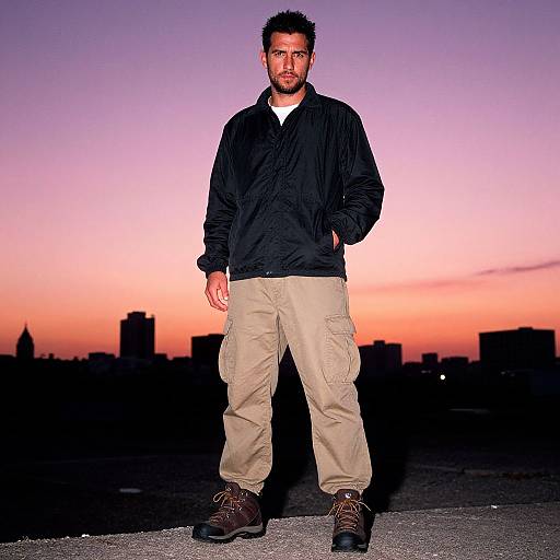 Photograph of a bearded man with spiked hair, wearing a black jacket, beige cargo pants, and brown boots, standing against a purple-orange sunset