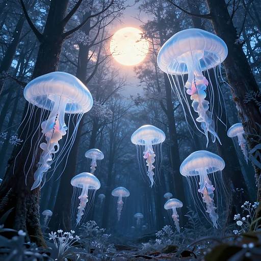 Fantastical forest scene with glowing blue jellyfish-like creatures floating among dark, misty trees illuminated by a bright, ethereal moon. Digital art