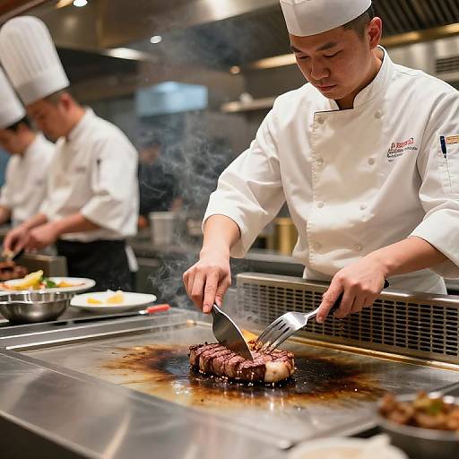 Chef Mastering Steak in Busy Kitchen