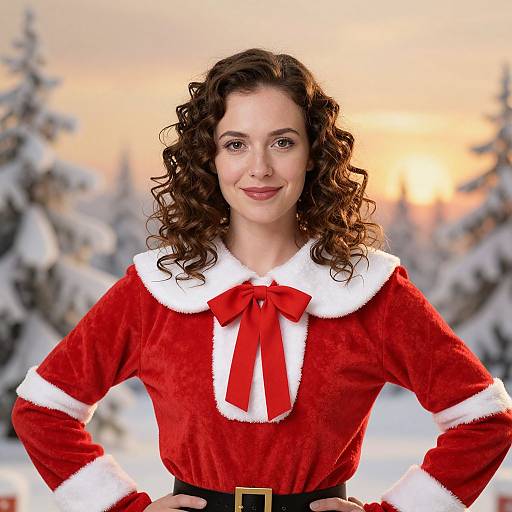 Photograph of a smiling woman with curly brown hair, wearing a red Santa outfit with white fur trim and red bow, standing in a snowy, sunset