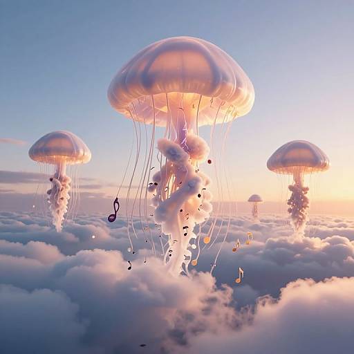 Digital artwork of glowing jellyfish-like creatures with translucent domes and trailing music notes, floating above a fluffy cloud sea during a sunset.