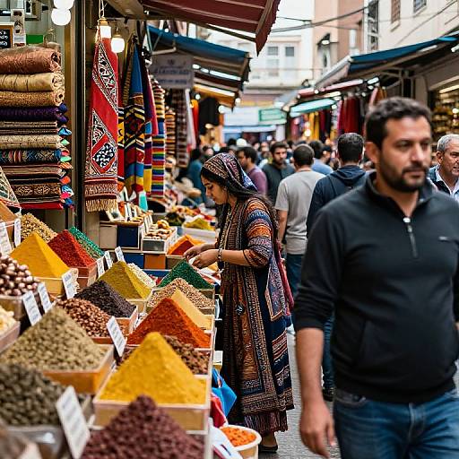 Photograph of a bustling Middle Eastern market: woman in colorful traditional dress shops, pyramids of spices, man in black shirt walks by. Vibrant