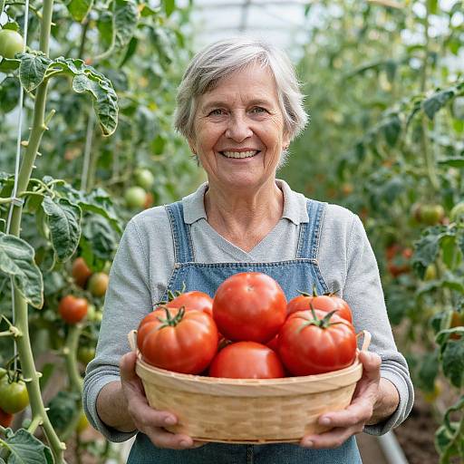 Photograph of an elderly white woman with short gray hair, smiling, holding a basket of ripe red tomatoes in a lush tomato field.