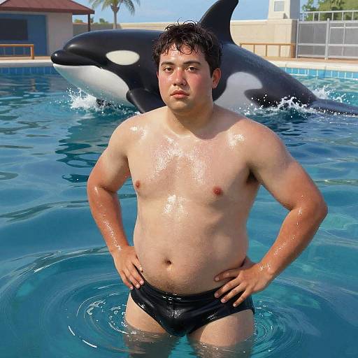 Man in Pool with Orca Statue