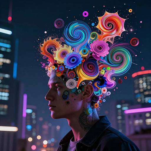 Digital art: Neon-lit cityscape background with colorful, swirling spirals emerging from a young man's head, wearing a dark jacket, in profile